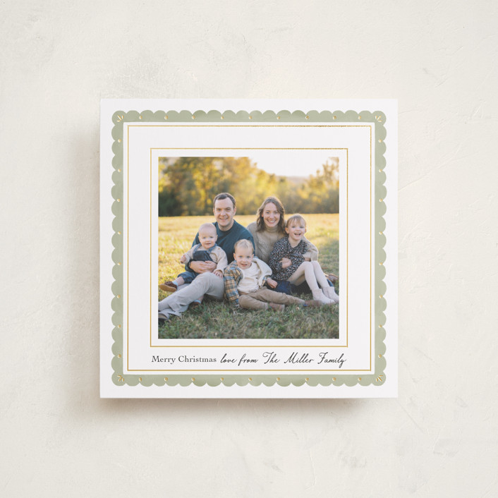 "Modern Cottage" - Customizable Foil-pressed Square Holiday Cards in Green by Elly. | Minted