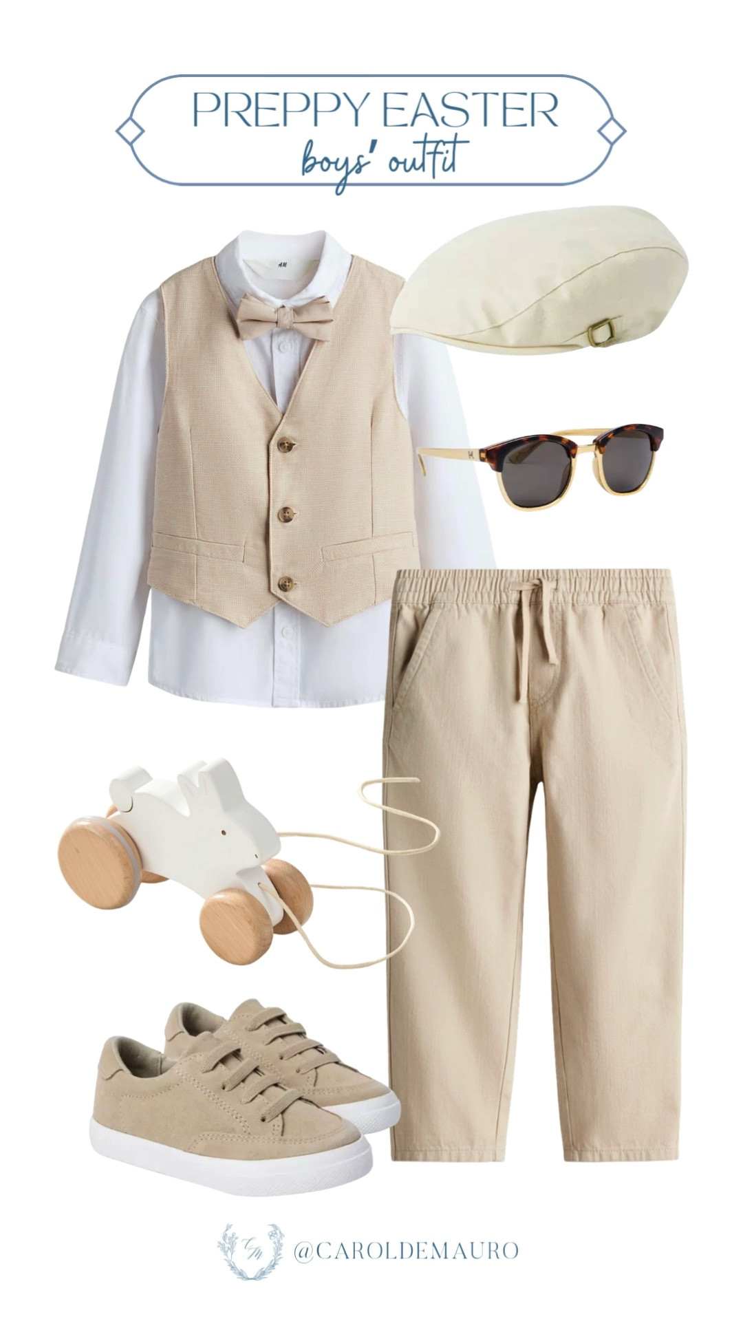 Dress up your kid this Easter with this inspo! Style a 3-pc vest set with chino pants and a newsboy cap. Don't forget that toy bunny on wheels to keep him entertained. 

toddler clothes, kids casual wear, easter fashion, preppy look, boys outfits, easy to wear, neutral style, sundays best

#LTKSeasonal #LTKU #LTKootd