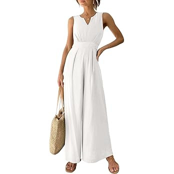 ANRABESS Jumpsuits for Women 2024 Summer Casual Sleeveless V Neck High Waist Wide Leg Dressy Line... | Amazon (US)