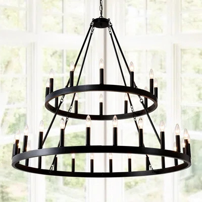 36-Light Wagon Wheel Chandelier -2-Tier Farmhouse Metal & Wood Ceiling Light for High Ceilings | Wayfair North America