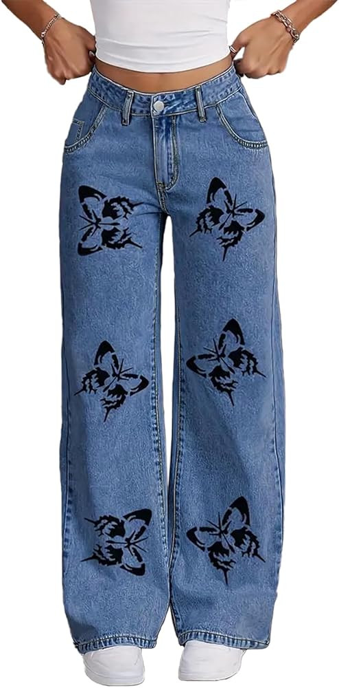 Plus Size Straight Womens High Waisted Butterfly Pattern Stretchy Wide Leg Jeans Pants Fashion | Amazon (US)