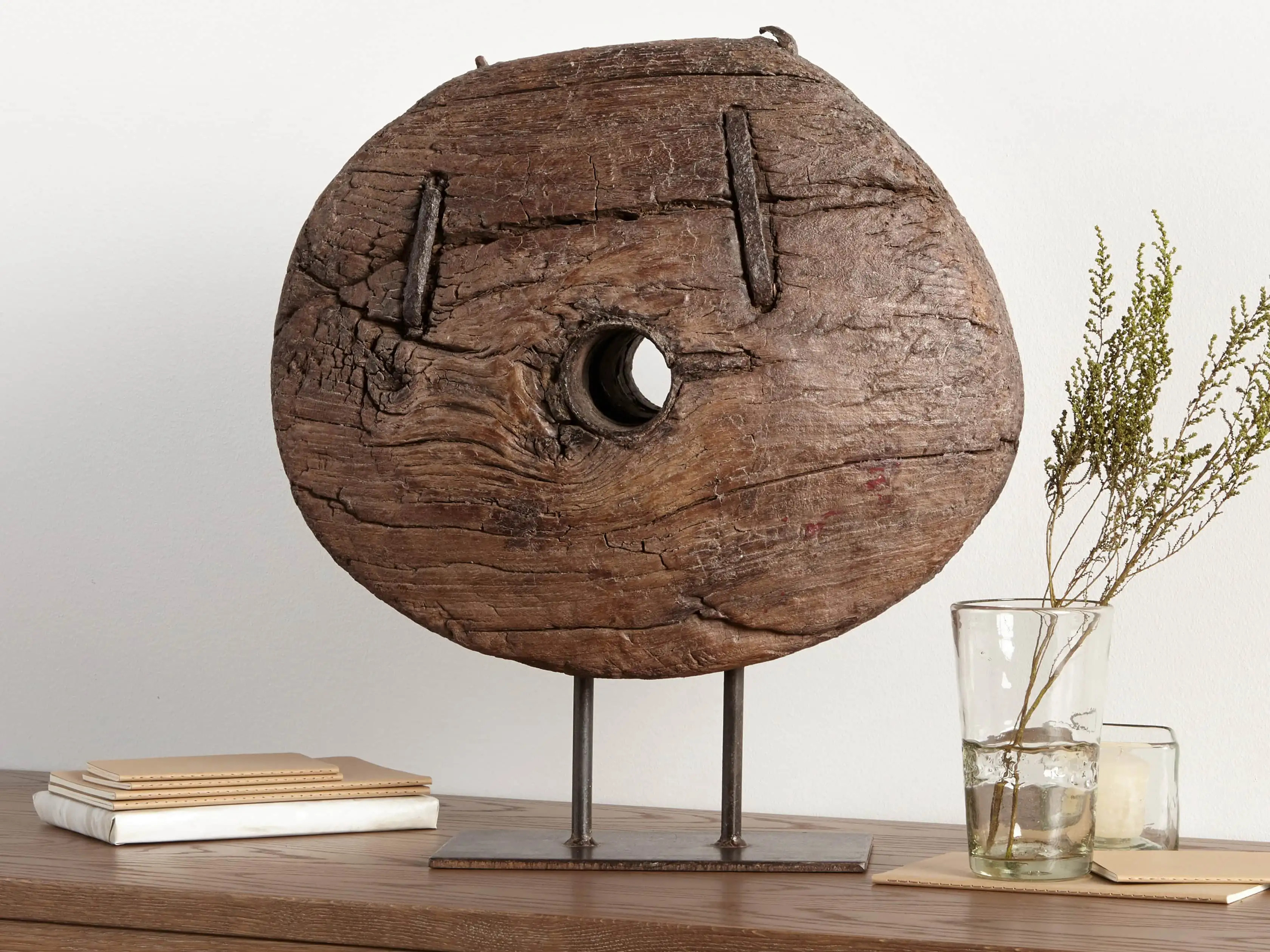 Wooden Cart Wheel On Stand | Arhaus