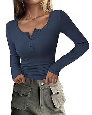 PRETTYGARDEN Women's 2024 Fall Long Sleeve Henley T Shirts Button Ribbed Knit Slim Fit Casual Bas... | Amazon (US)
