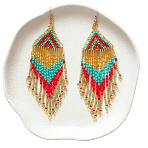 Handmade Artisan Dangle Fringe Earrings, Long Beaded Turquoise, Red & Sparkly Gold Statement Earr... | Amazon (US)