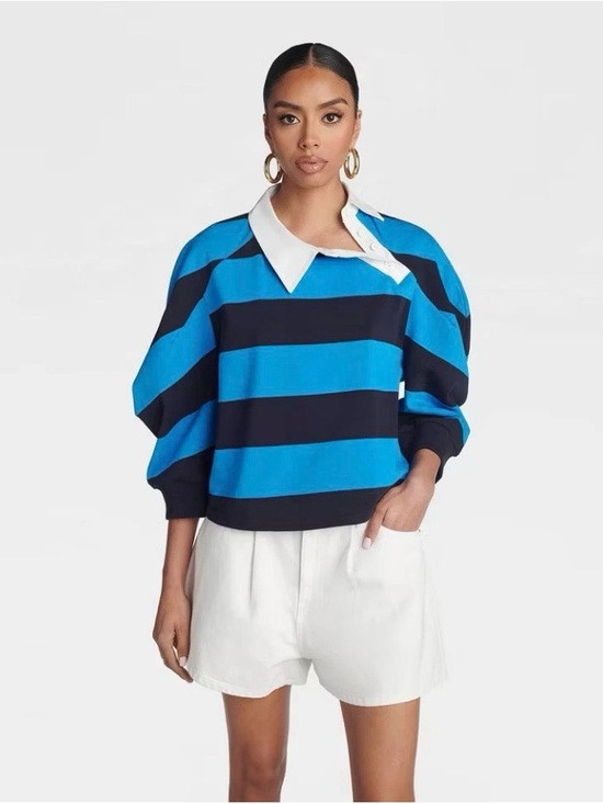 KBB by KAHLANA crewneck Blue and Navy Striped Rugby Shirt with White Collar | Poshmark