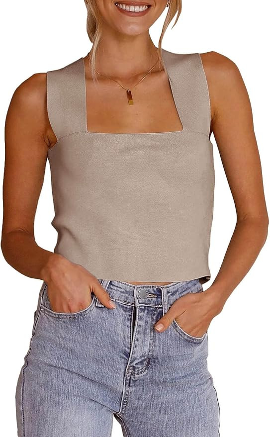 Zwurew Women's Knit Square Neck Tank Tops 2026 Summer Casual Sleeveless Sweater Fitted Shirts Tan... | Amazon (US)