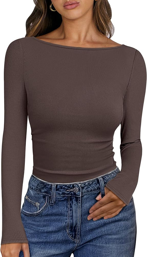 ANRABESS Women's Boat Neck Long Sleeve Shirts Rib Knit Slim Fitting Tops Basic Tees 2026 Casual C... | Amazon (US)