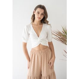 Crisscross Tie-Waist Wrapped Crop Top in White | Chicwish