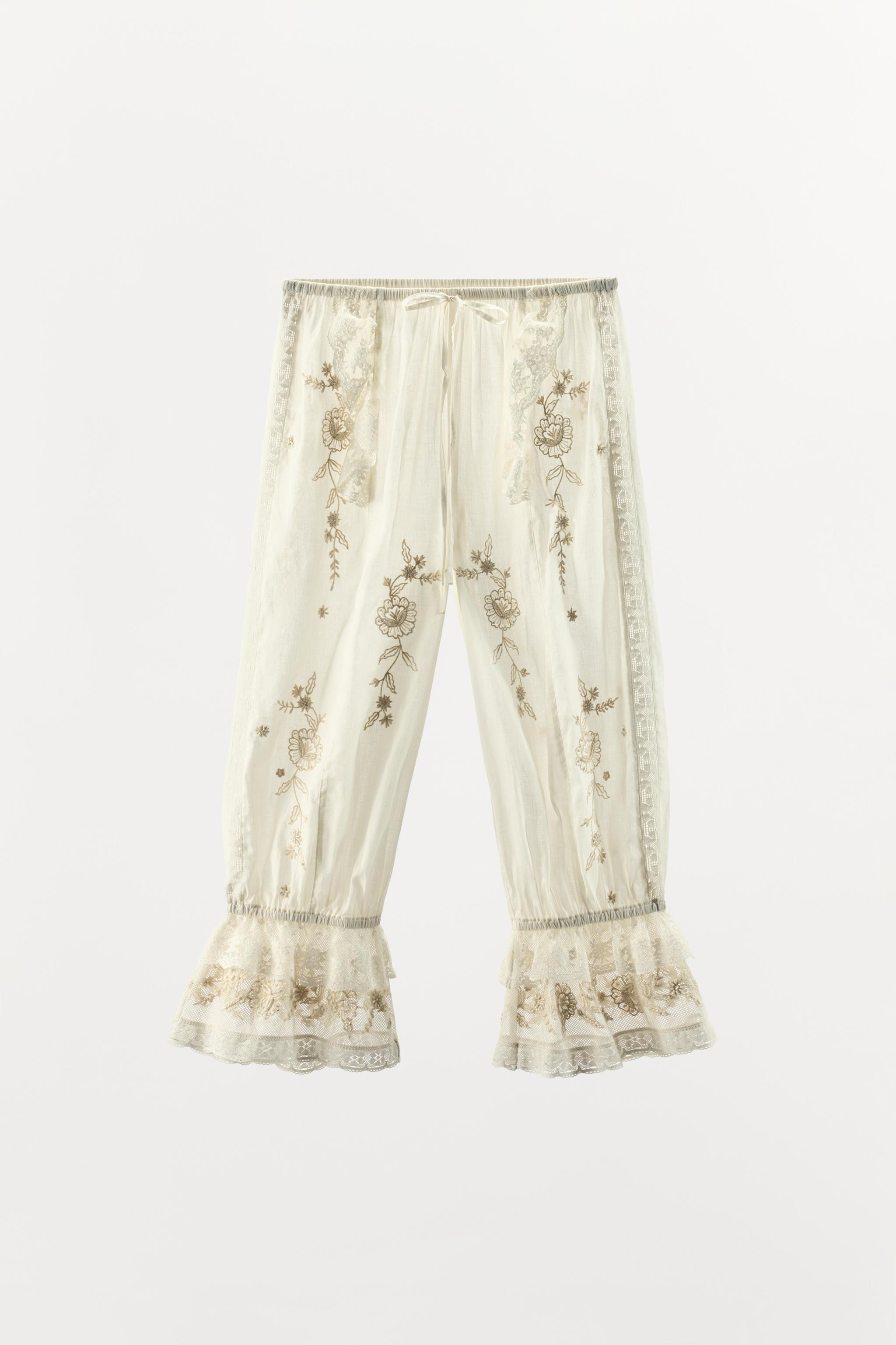 RUFFLED EMBROIDERED BEADED PANTS | Zara US