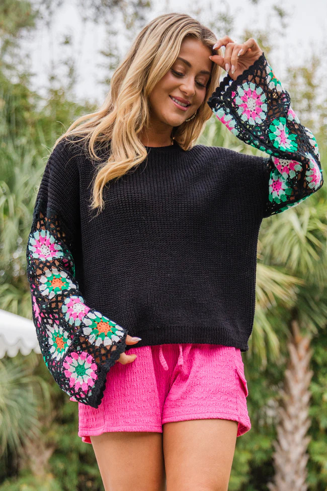 Sometime After Dark Black Crochet Sleeve Sweater | Pink Lily