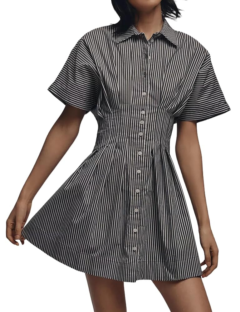 Women Summer Short Sleeve Button Front Pleated Shirt Dress Striped Collar V Neck Casual Y2k Swing... | Amazon (US)