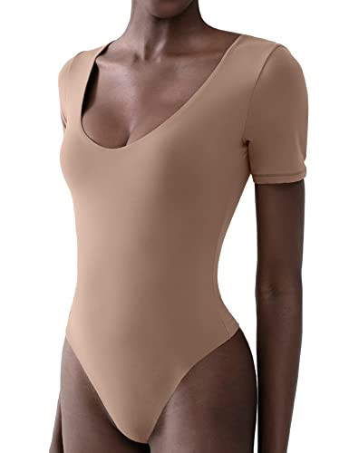 PUMIEY Bodysuit for Women Shorts Sleeve Body Suits Women Clothing V Neck T Shirts Sexy Tops Taffy X-Large | Amazon (US)