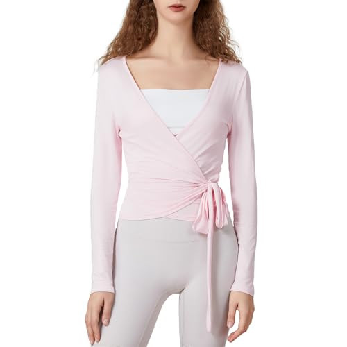 Womens Ballet Wrap Top Long Sleeve Tie Front Workout Cover Up Pilates Yoga Tops Y2k Fairy Coquette Shirt Going Out (Pink Slim Fit, M) | Amazon (US)
