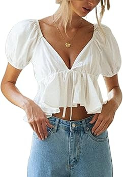 Remidoo Women's Puff Short Sleeve Tie Back V Neck Ruffle Hem Peplum Crop Tops | Amazon (US)