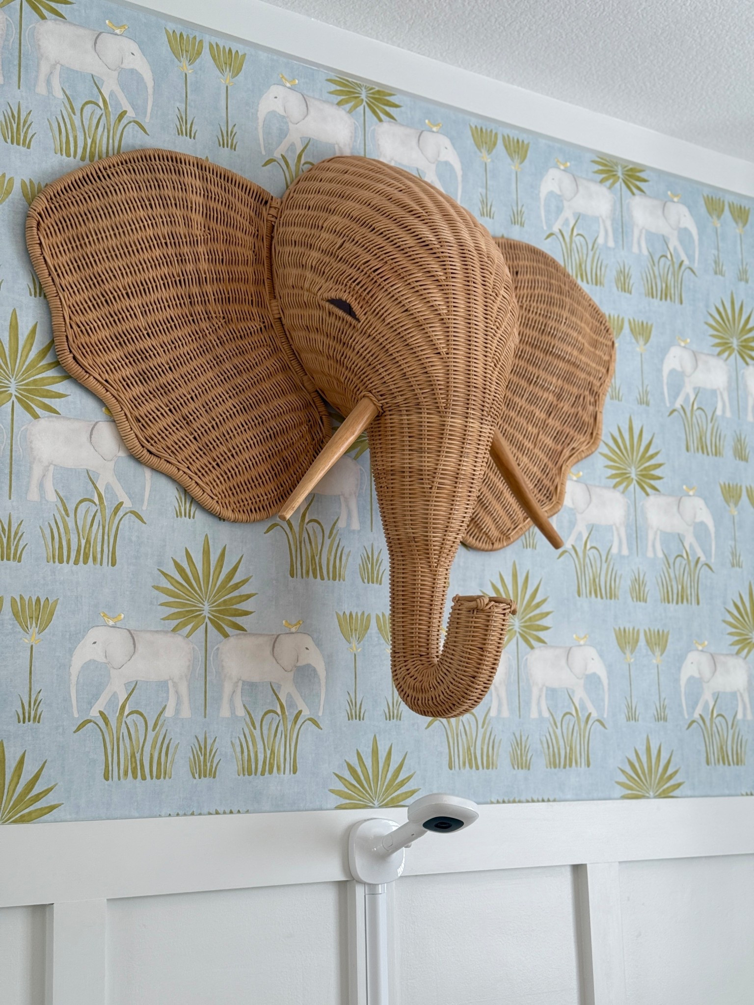 Coop's elephant & wallpaper in his nursery 
