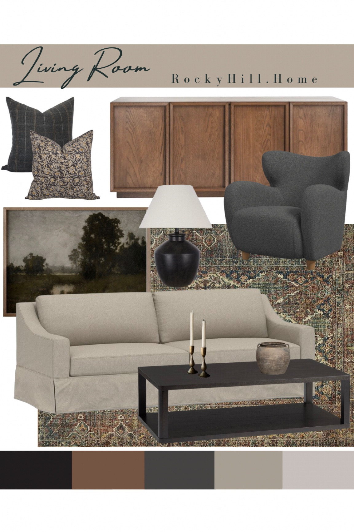 Modern traditional living room moodboard with pottery bark York sofa, west elm chair, etsy pillows, printable vintage art, black table lamp, black coffee table, vintage pot vase, gold candlesticks, loloi rug

#LTKhome #LTKsalealert #LTKstyletip