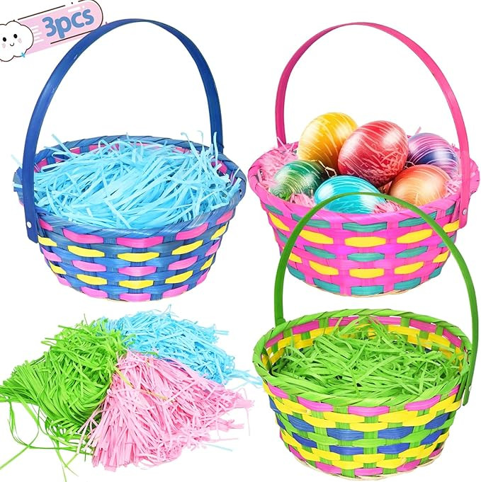 3Pack Easter Gift Woven Basket with Handles and Tricolor Grass Paper Shreds for Easter Egg Hunt P... | Amazon (US)