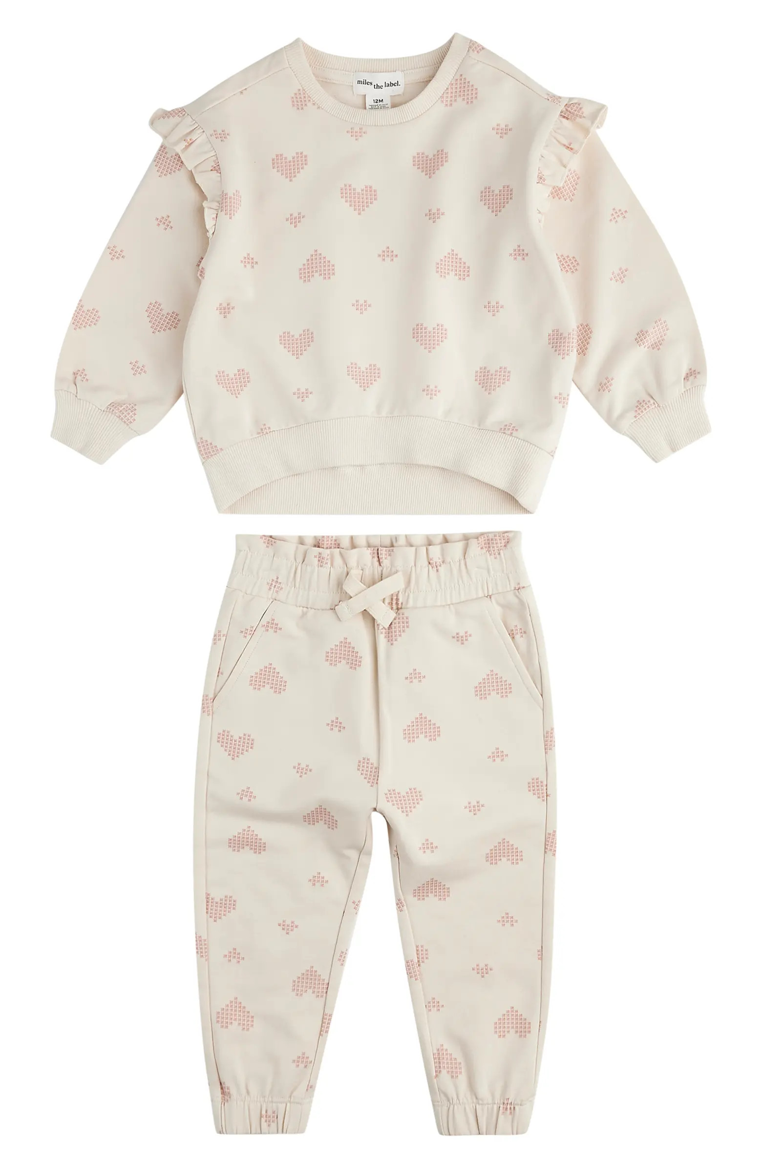MILES BABY Heart Print Ruffle French Terry Sweatshirt & Joggers Set | Nordstrom | Nordstrom