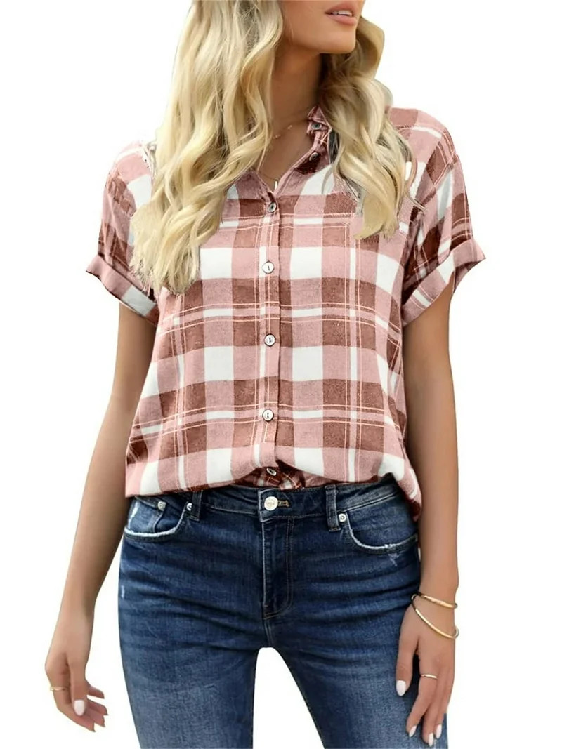 Women Short Sleeve Button Down Plaid Print Casual Blouses Tops | Walmart (US)