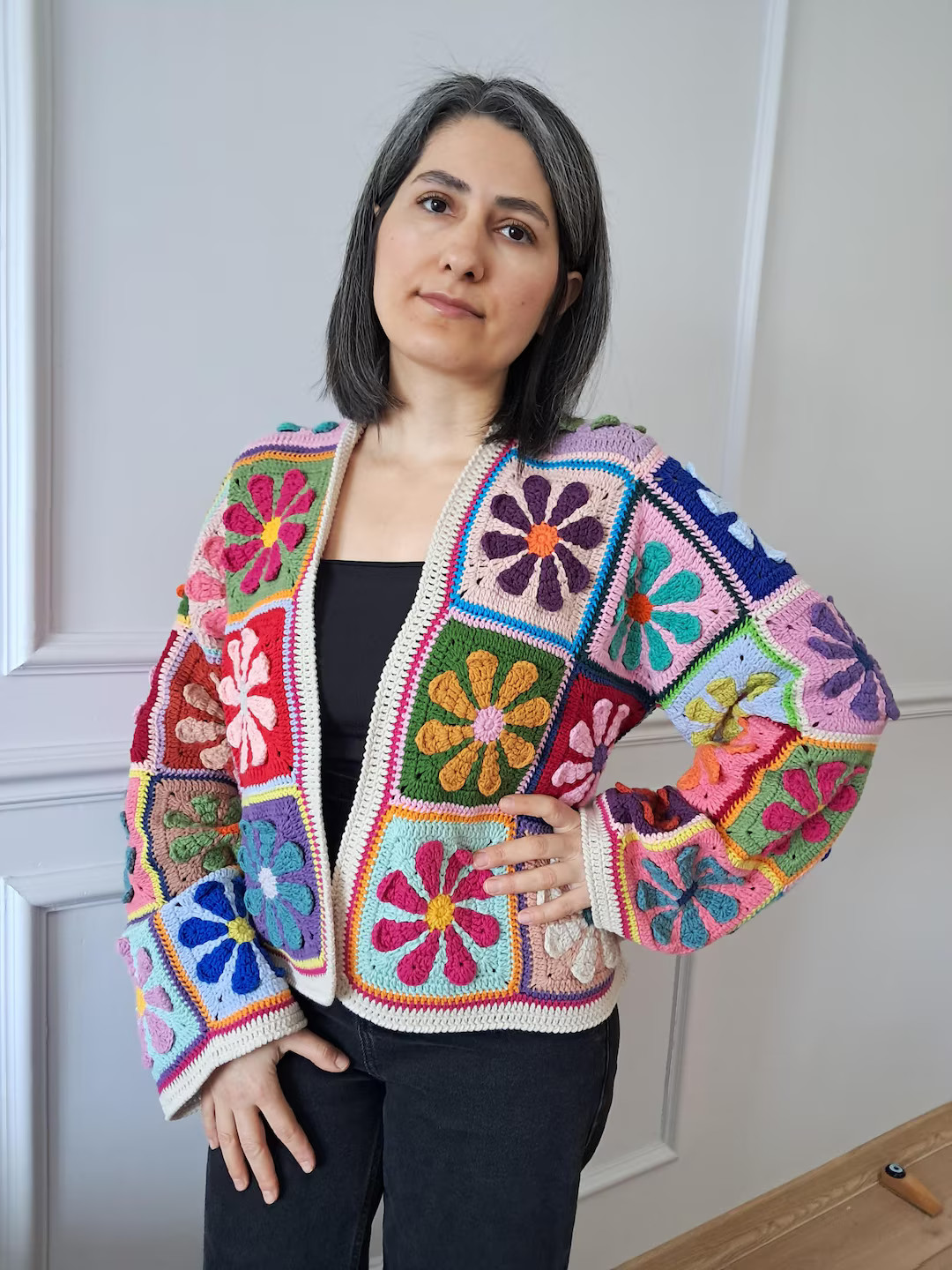 Handmade Floral Crochet Cropped Cardigan: Boho Granny Square Coat - Etsy Netherlands | Etsy (US)