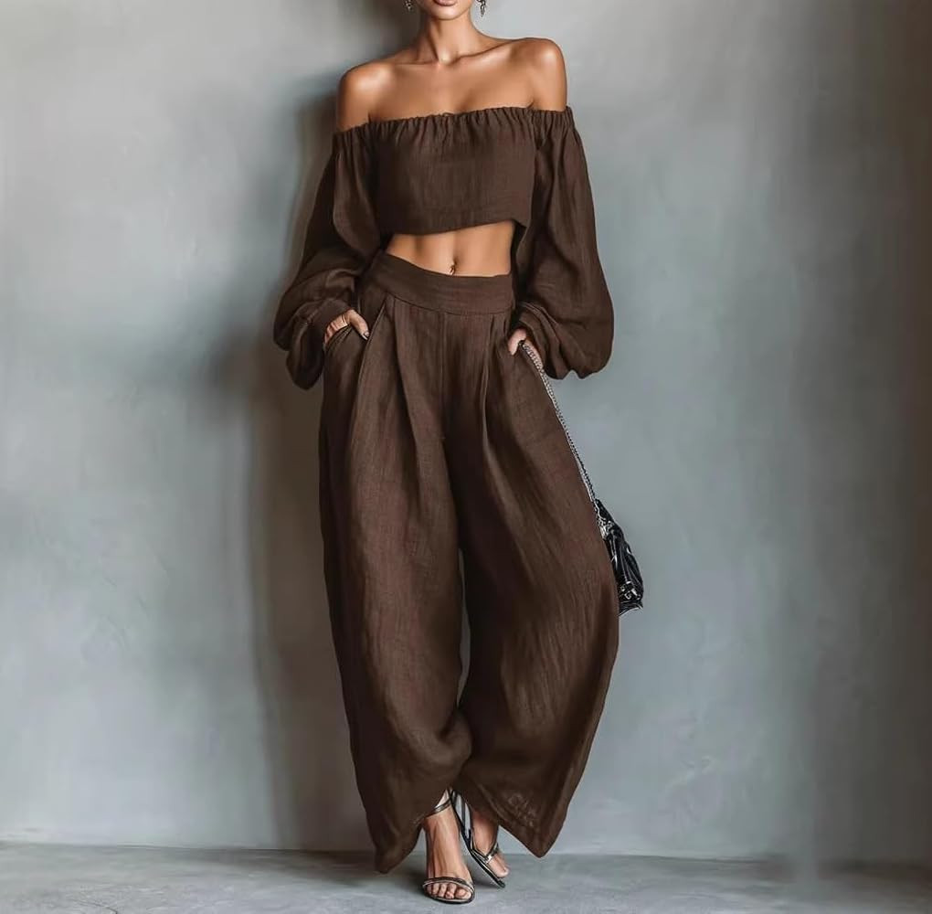Apvirdy Women's Retro Solid Textured 2 Piece Set Off Shoulder Long Sleeve Crop Top Wide Leg Pants... | Amazon (US)