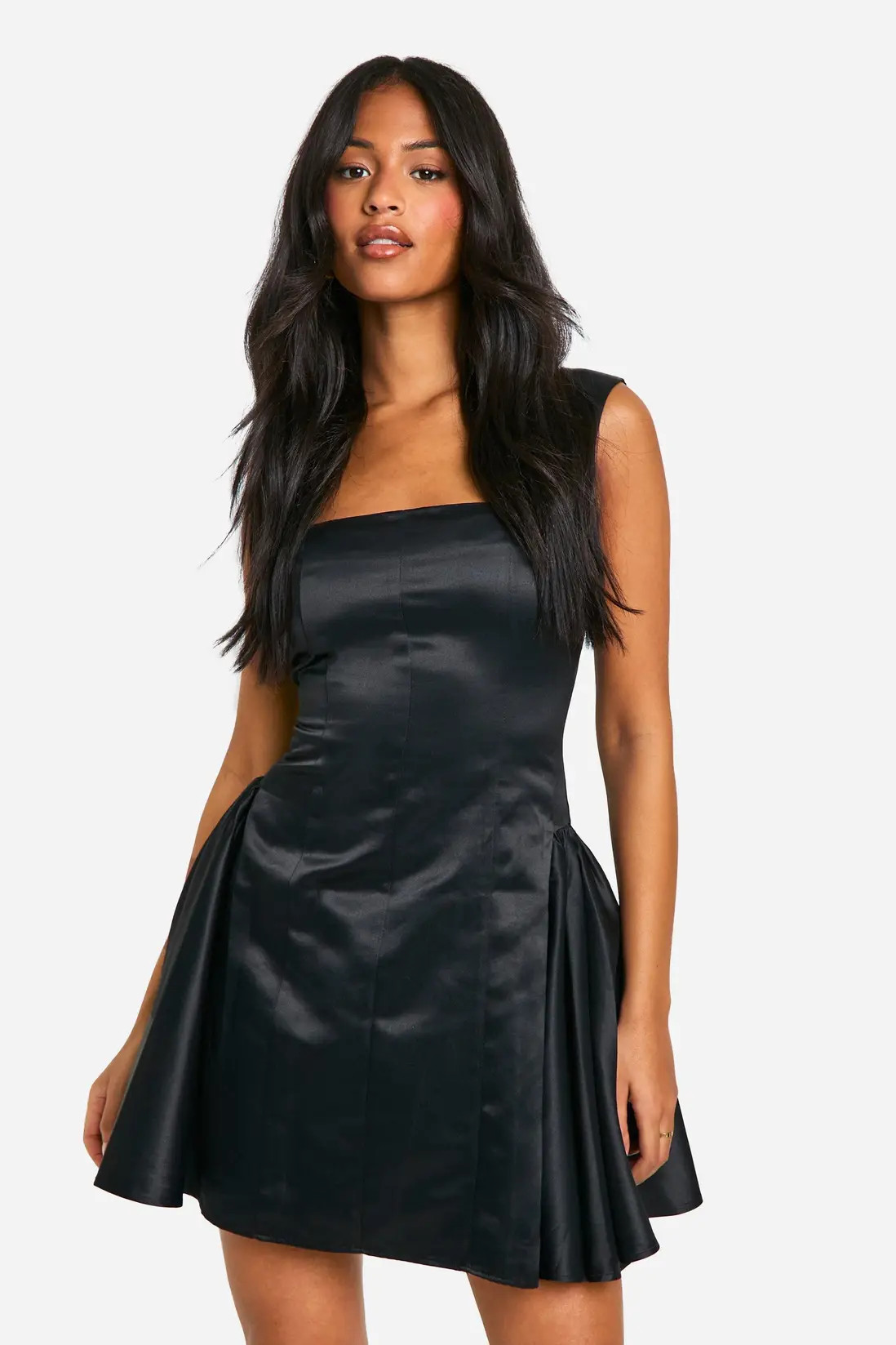 Black Tall Satin Structured Square Neck Skater Dress | Boohoo USA | boohoo (US & Canada)