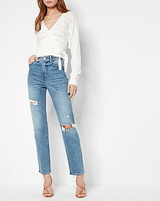 Super High Waisted Light Wash Ripped Modern Straight Jeans | Express