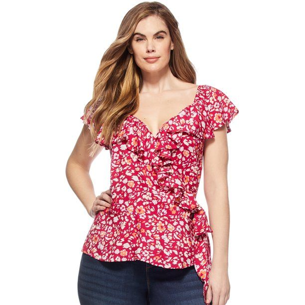 Sofia Jeans by Sofia Vergara Plus Size Short Sleeve Animal Print Ruffle Wrap Top | Walmart (US)