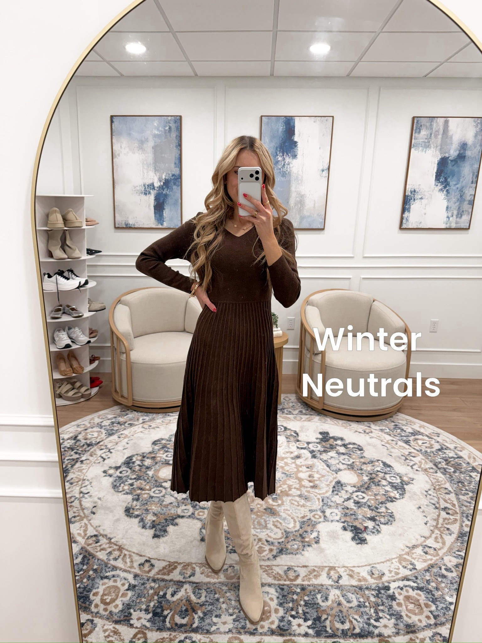 Obsessed with this chocolate knit pleated dress! The texture, the fit, the flow—everything about it feels elevated yet comfy. Styled with tall cream boots for a chic contrast and cozy winter vibes. Perfect for church, date night, or holiday dinners! Wearing size small.

#LTKFindsUnder100 #LTKSeasonal #LTKWorkwear
