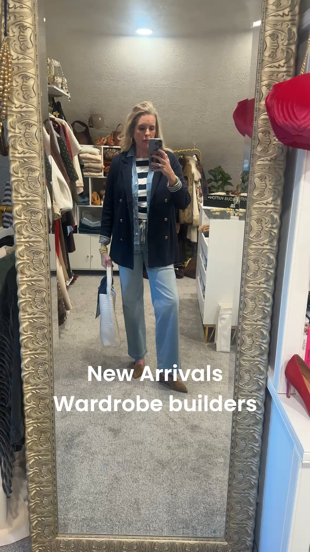 J JillNew Spring Arrivals 

I am loving these great Wardrobe builders for spring but you will wear for years to come & year round.

Bold navy and white stripe long sleeve light weight tee  fits tts in a small

The perfect denim button up shirt  fits tts in small 

Straight leg denim jeans light wash and on trend tie waist detail but doesn’t zip & button 
Tts in the size small (6)

Loving this knit double breasted gold button blazer tts in a small

Suede pointed toe slip on shoe 

Blue printed scarf 

Woven tote -

#LTKOver40 #LTKootd #LTKgrwm