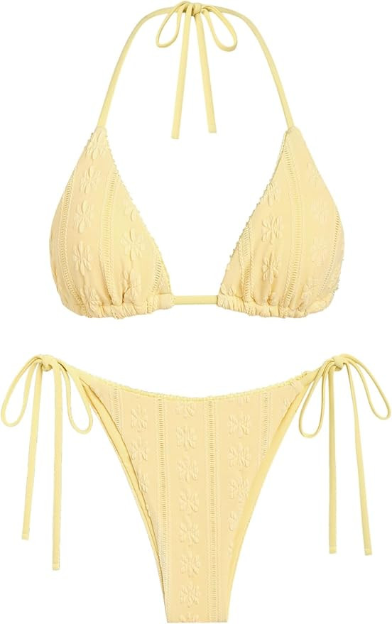 seamoly Contrast Binding Textured Halter Triangle Tie Side Bikini Set | Amazon (US)