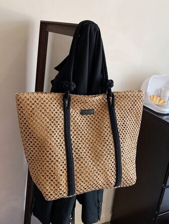 Summer Seaside Beach Vacation Simple Casual Straw Bag,Beige Women Tote Bags,Large Capacity Portab... | SHEIN