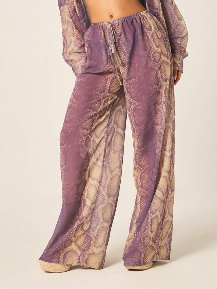 MISSGUIDED Purple Snake Print Beach Cover Up Wide Leg Palazzo Pants With Elastic Waist And Drawst... | SHEIN