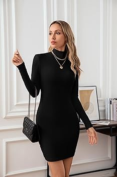 VICHYIE Women Mock Neck Ribbed Bodycon Dress Long Sleeve Mini Pencil Dresses | Amazon (US)