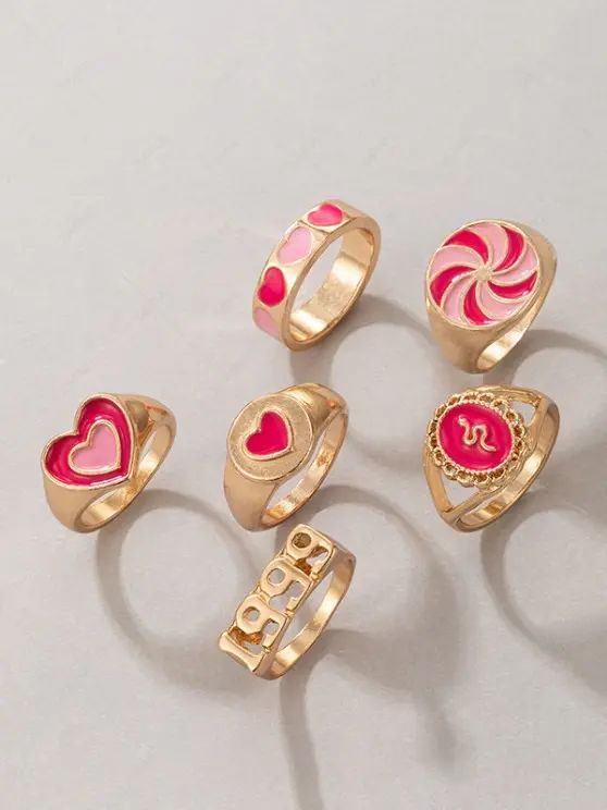 6Pcs Heart Snake Glazed Ring Set   GREEN PINK TANGERINE | ZAFUL (Global)