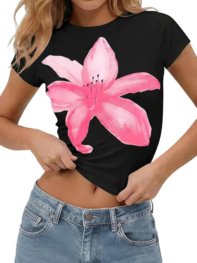 Tankaneo Womens Y2K Graphic Baby Tees Summer Floral Vintage Short Sleeve Tops Slim Fit Cropped Ts... | Amazon (US)