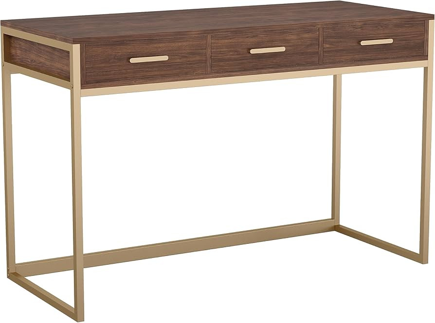 Martha Stewart Ollie Home Office Desk with 3 Drawers in Walnut Wood Grain with Polished Brass Har... | Amazon (US)