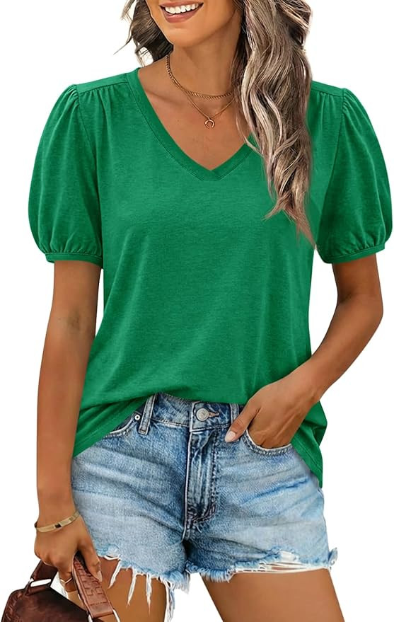 Cicy Bell Womens Puff Short Sleeve T-Shirts V Neck Summer Casual Pleated Tops Loose Fit Curved He... | Amazon (US)