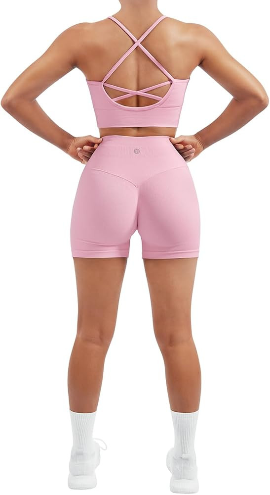 SUUKSESS Women Seamless 2 Piece Workout Sets Criss Cross Sports Bra High Waist Booty Shorts | Amazon (US)