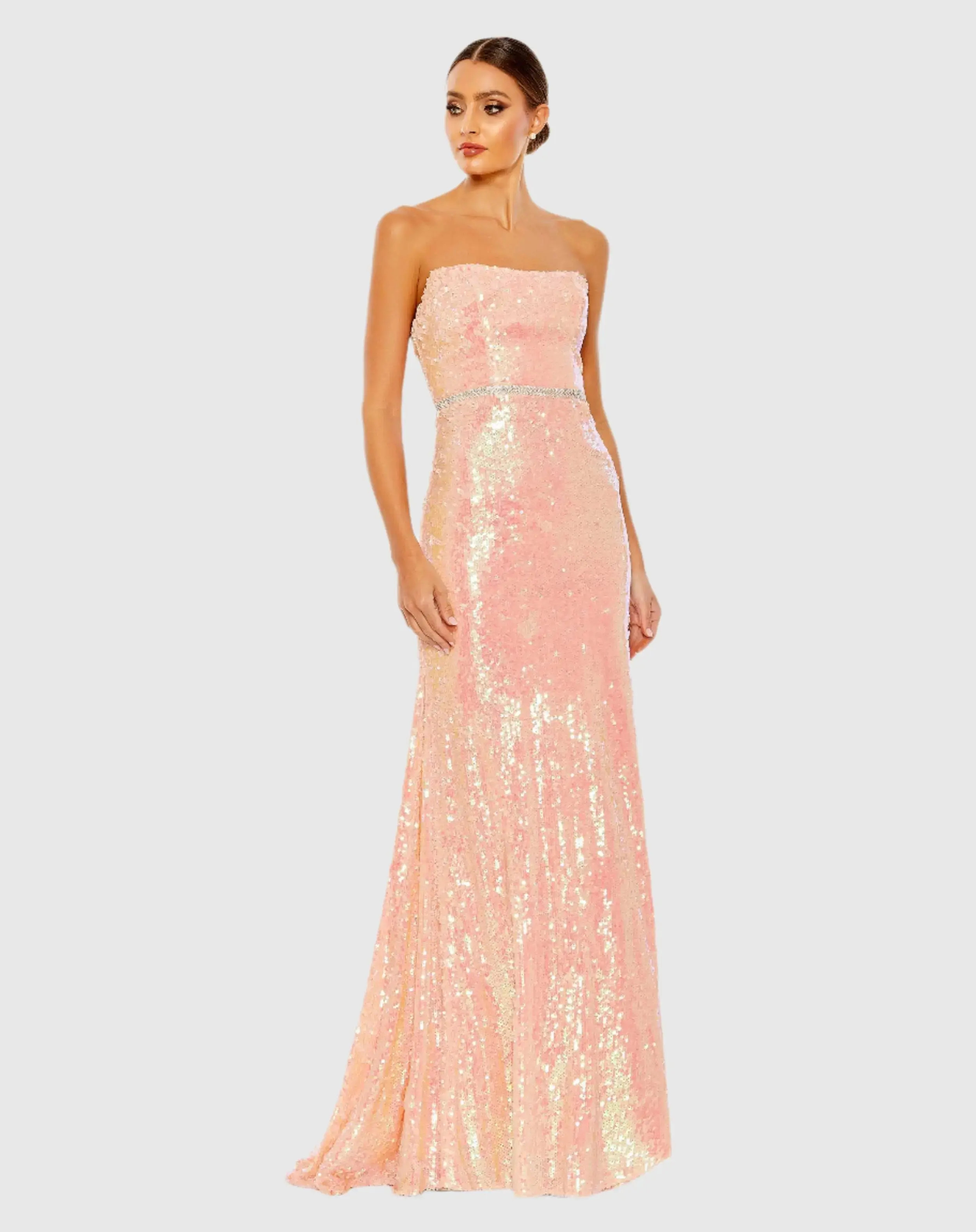 Pink Sequined Strapless Rhinestone Belt Gown - Mac Duggal | Mac Duggal