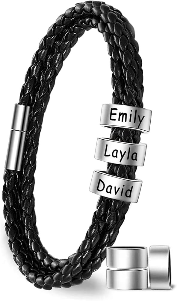 Yofair Custom Mens Bracelet with Family Name Personalized Braided Leather Bracelet Engraved Brace... | Amazon (US)