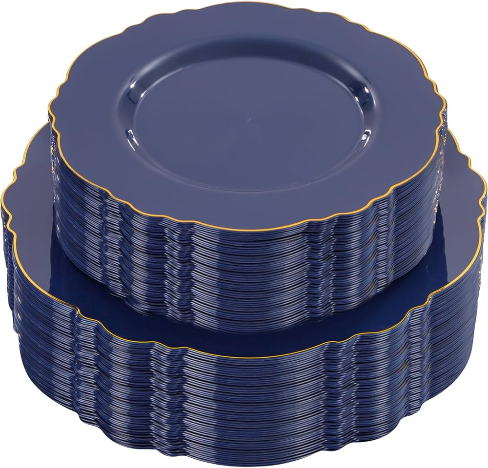 WDF 100pcs Blue Plastic Plates - Baroque Blue&Gold Disposable Plates for Parties/Wedding-50Plasti... | Amazon (US)