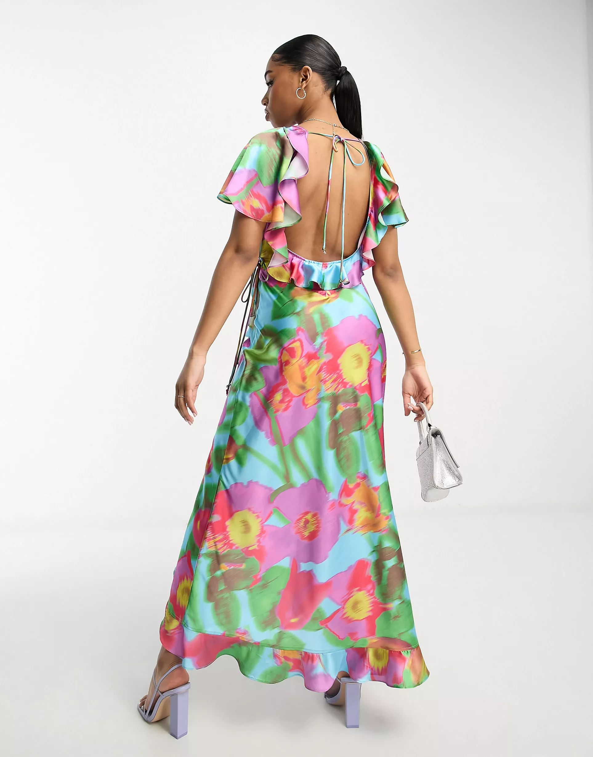 ASOS DESIGN ruffle detail wrap satin maxi dress in large bold floral print | ASOS (Global)