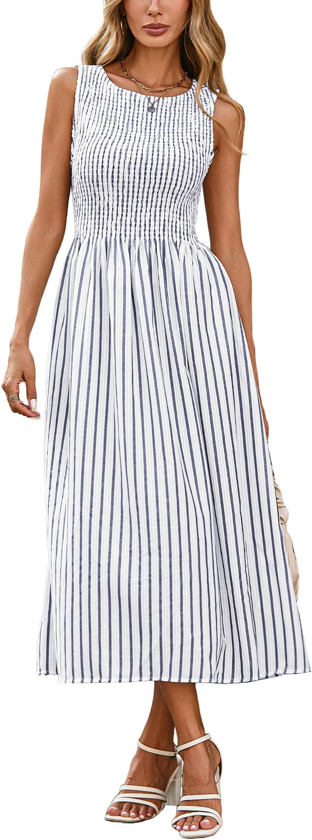 Women's Summer Striped Sleeveless Maxi Dress Smocked Swing A Line Beach Vacation Dress with Pocke... | Amazon (US)