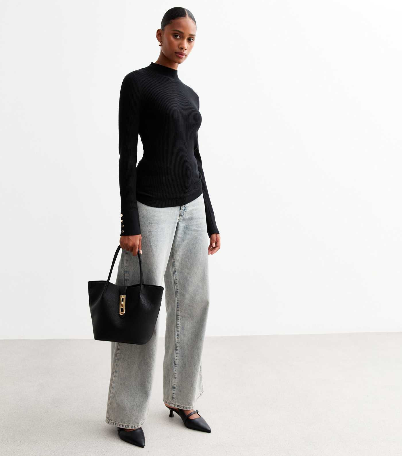 Black Ribbed Buttoned Cuff Jumper | New Look | New Look (UK)