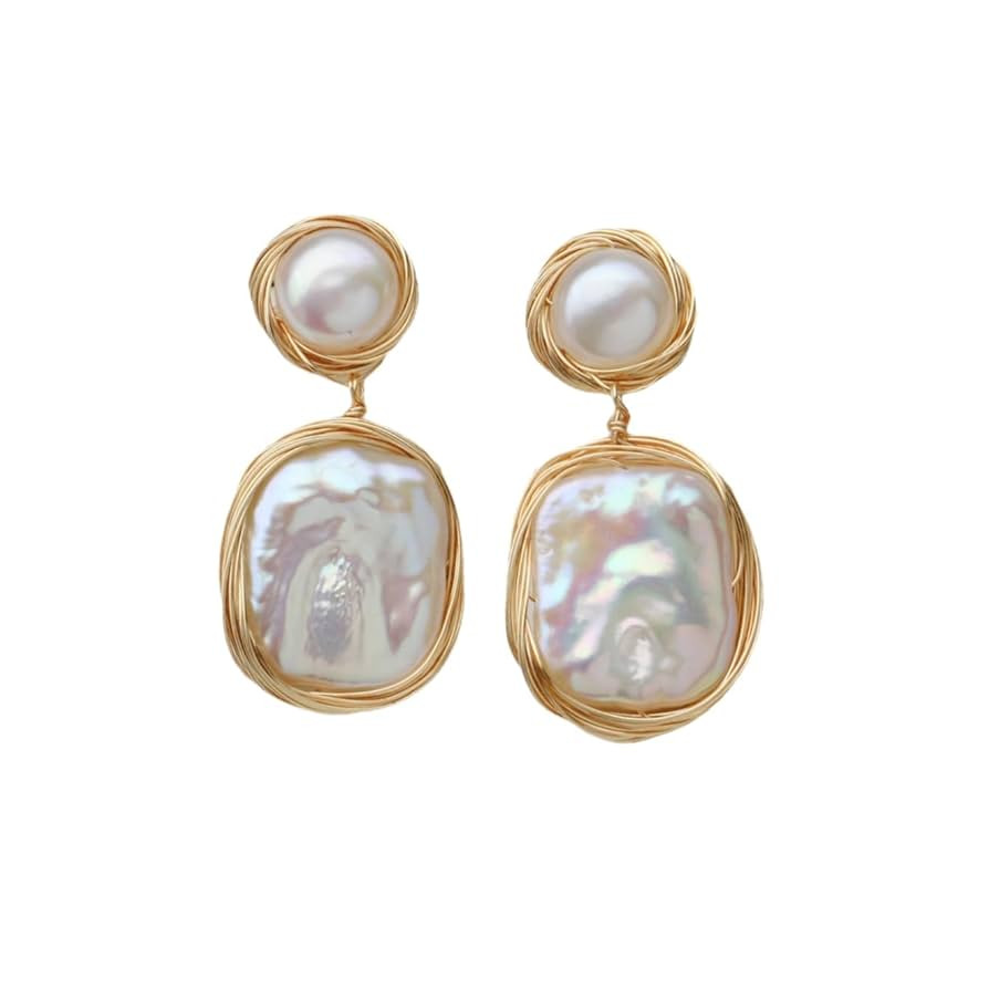Pearl Earrings for Women,Baroque Freshwater Pearl Earrings for Women, Wire Wrap Gold pearl drop E... | Amazon (US)