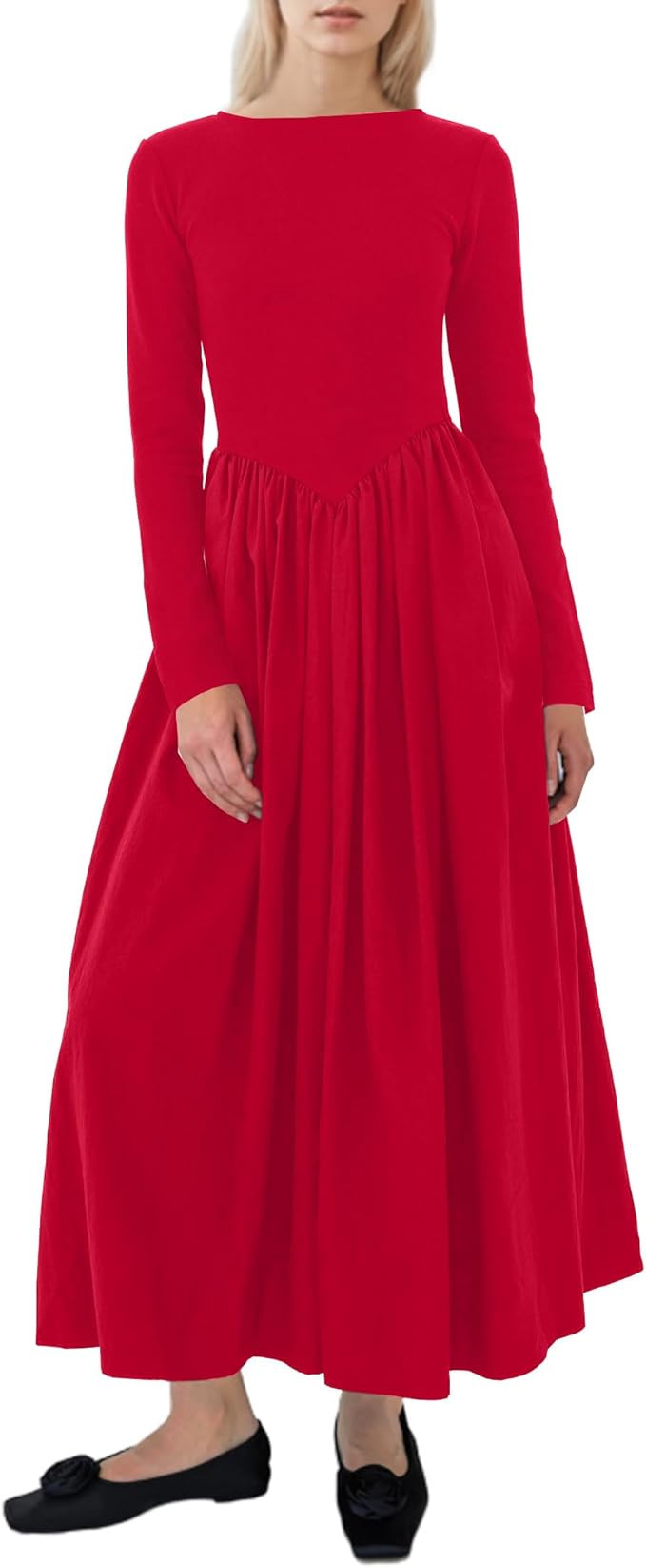 Womens Boat Neck Long Sleeve Maxi Dress Drop-Waist Midi Dress Casual Slim Fit Flared Flowy Swing ... | Amazon (US)