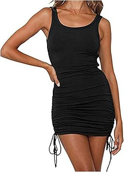 NIxueLILI Women Fashion Sexy U-Neck Bodycon Dress Short Sleeve Solid Color Straps Mini Dress Summ... | Amazon (CA)