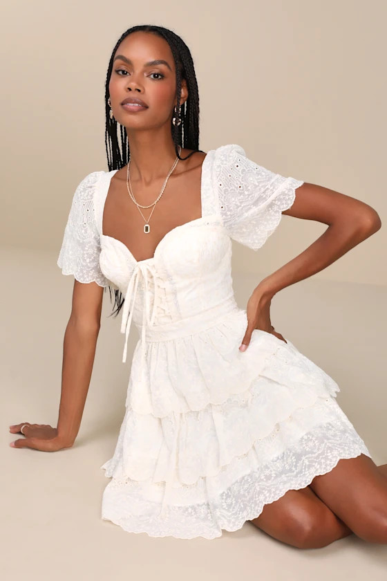 Inclined to Charm Ivory Embroidered Tiered Lace-Up Mini Dress | Lulus