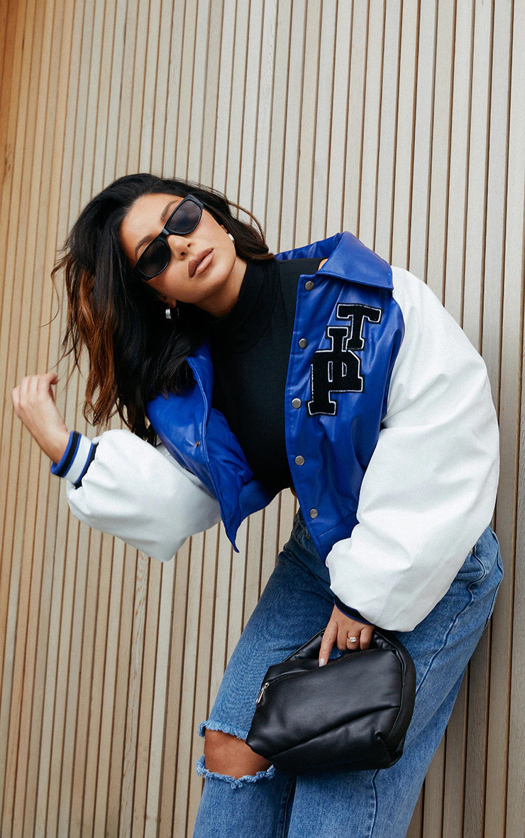 Blue Faux Leather Raglan Sleeve Cropped Varsity Bomber Jacket | PrettyLittleThing US